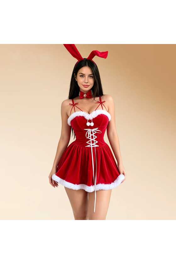 Tenue Sexy Mère Noël Lapine – Robe Velours Rouge et Oreilles